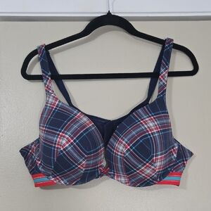 Cacique Plaid Underwire Plunge Bra - Navy and Red Size 44B